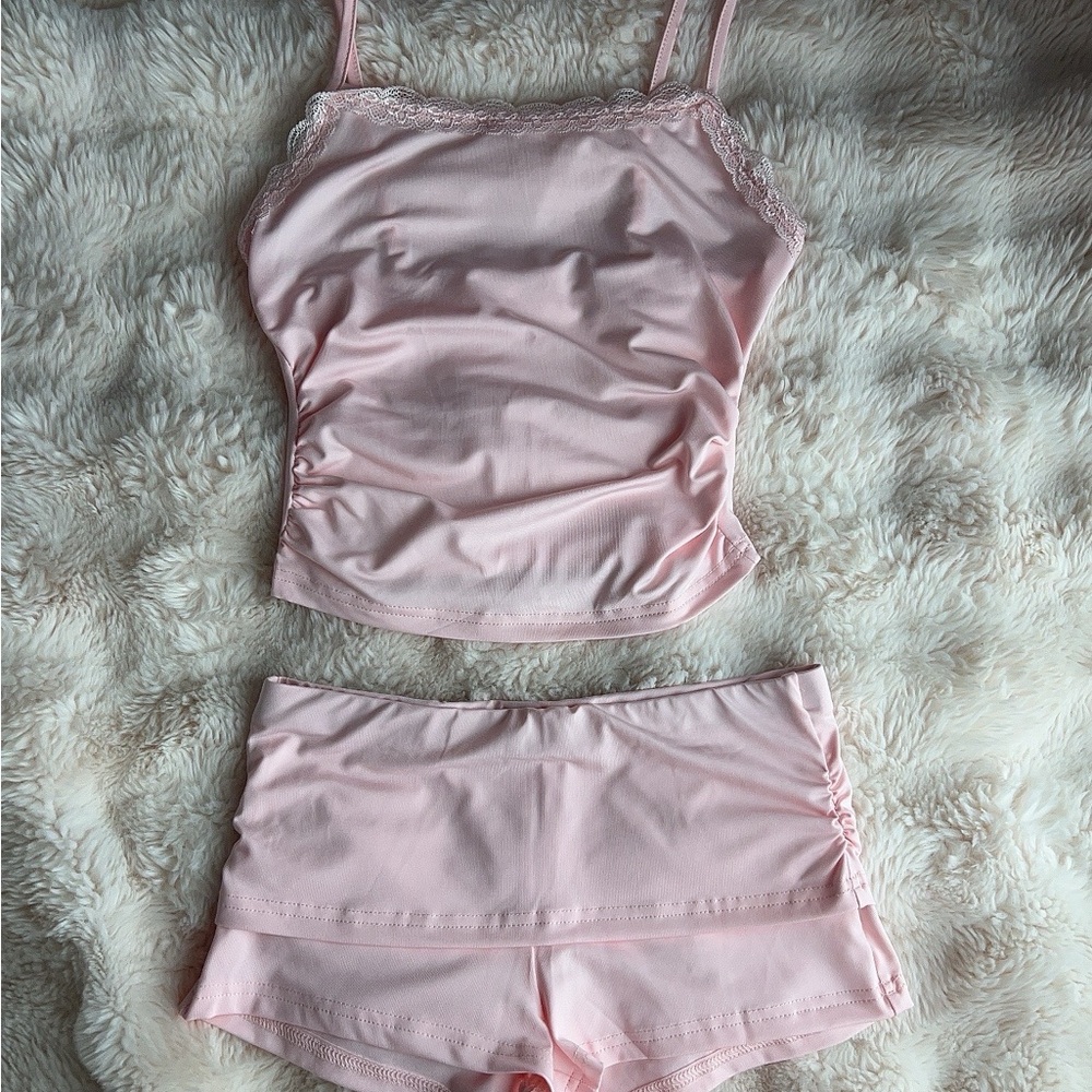 Pink Lace Trim Camisole and Shorts Set